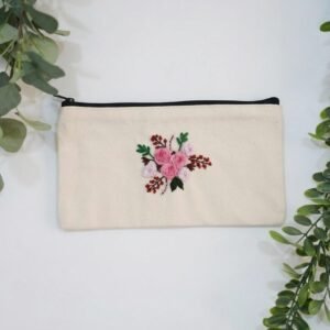 Embroidered Pencil Case - Pink Flower