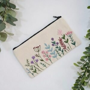 Embroidered Pencil Case - Flowers & Leaves