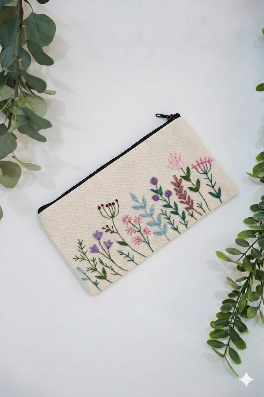 Embroidered Pencil Case - Flowers & Leaves