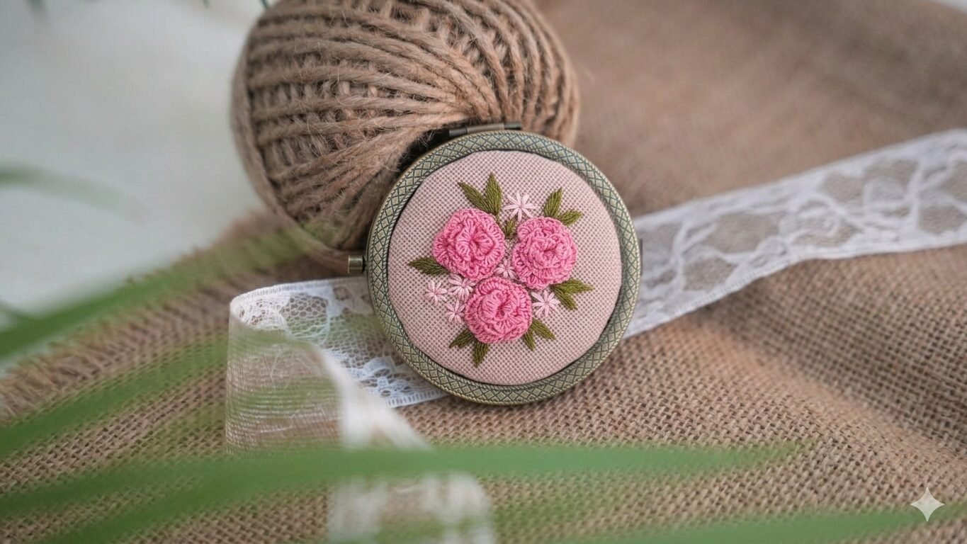 Round Mirror with Floral Embroidery - Design 12