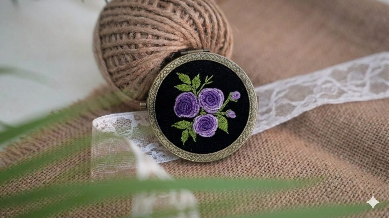 Round Mirror with Floral Embroidery - Design 11
