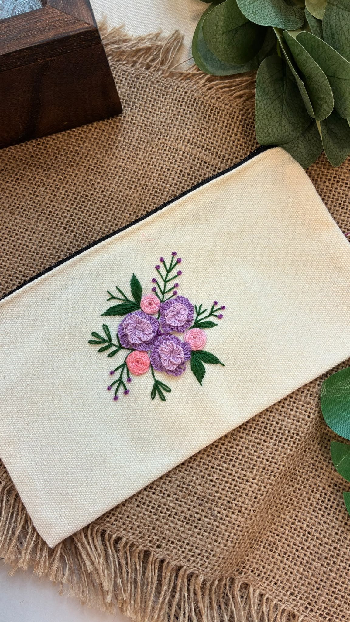 Embroidered Pencil Case - Purple Flower