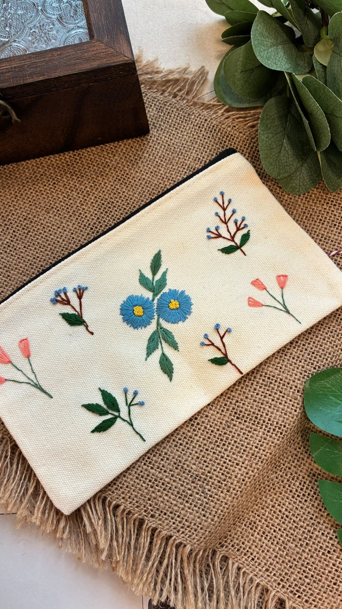 Embroidered Pencil Case - Blue Flower