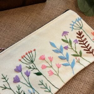 Embroidered Pencil Case - Flowers & Leaves